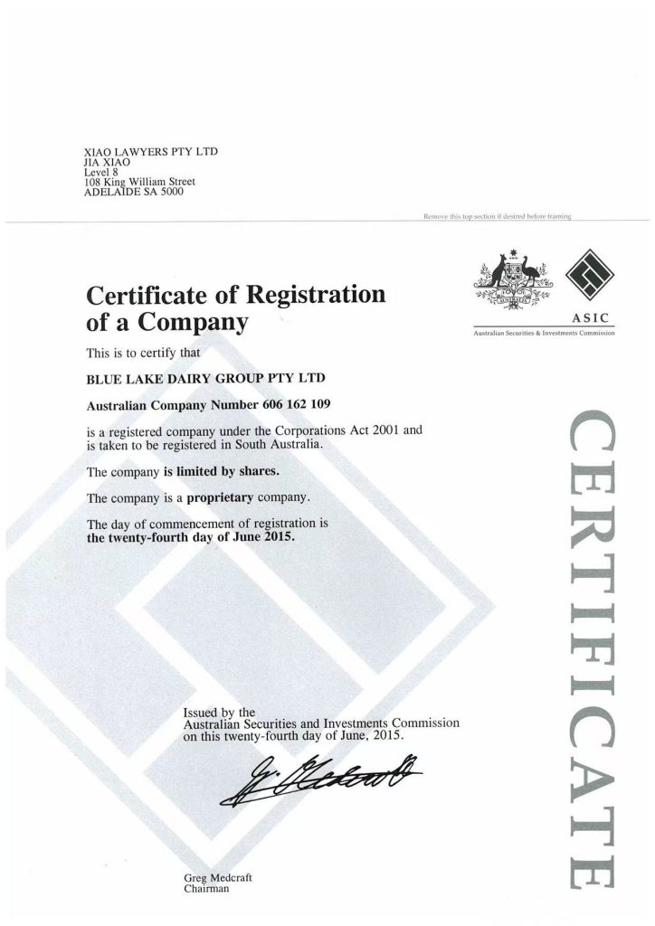 certificate of Registration of Company